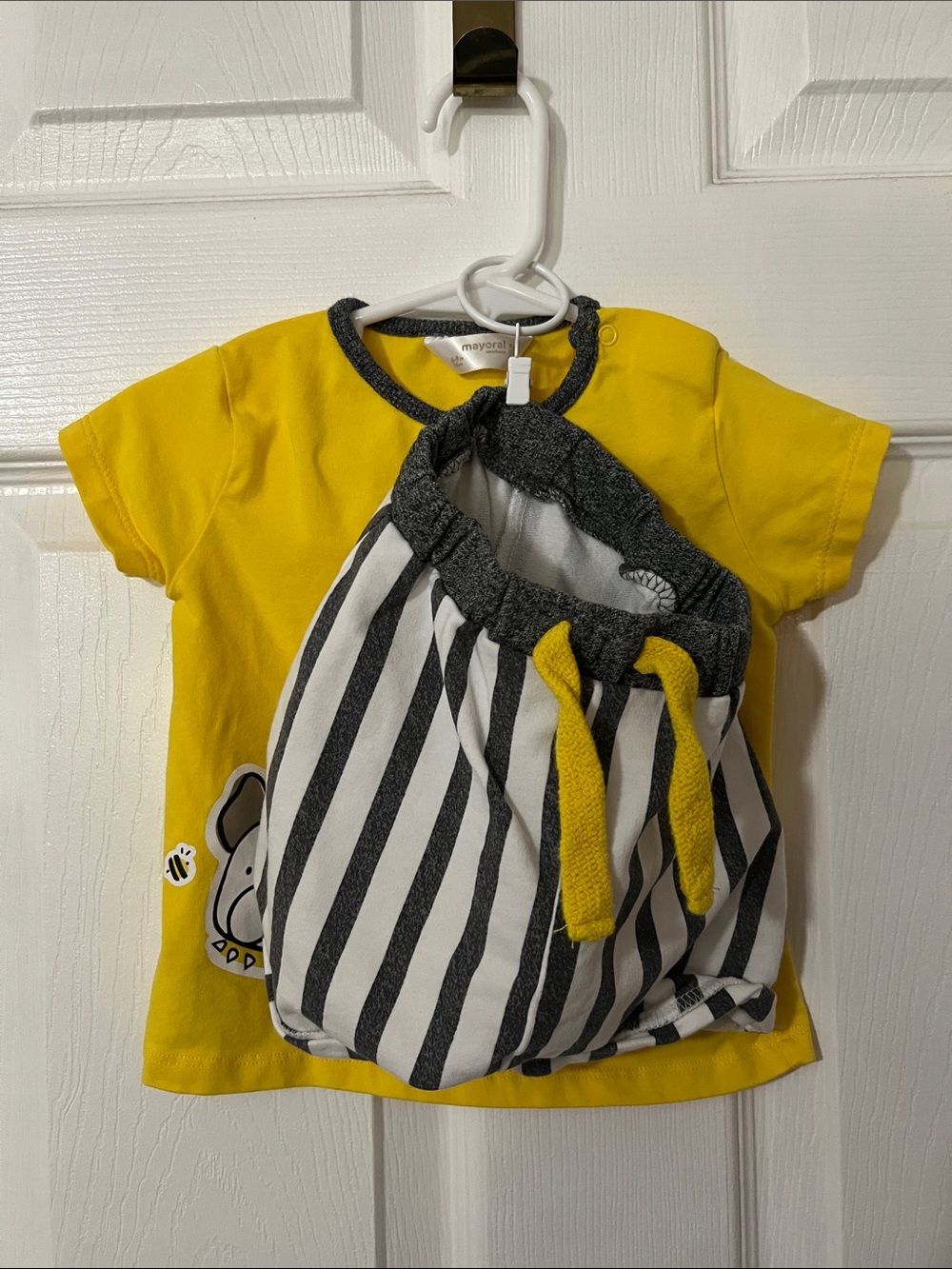 Mayoral Yellow Tee with Black-and-White Striped Knit Shorts 6-9 Months